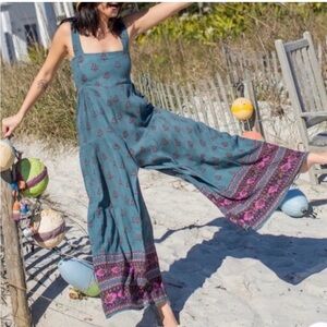 Natural Life Womens Small Blue Block Floral Print Wide Leg Jumpsuit